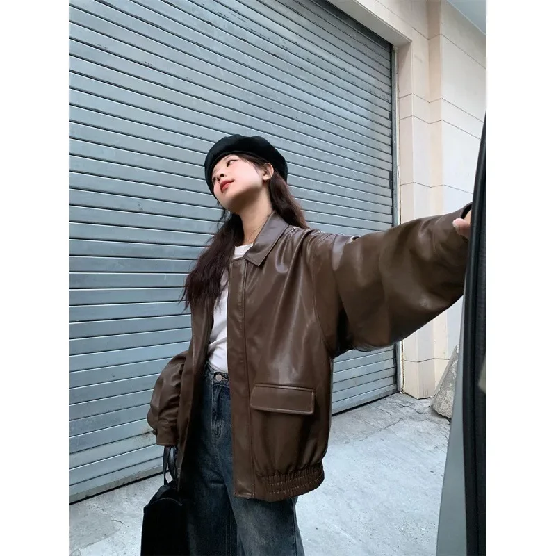 PU Leather Jacket Women Long Sleeve Turn-down Collar Loose Female Jackets 2023 Autumn Winter Street Fashion Moto Biker Lady Coat