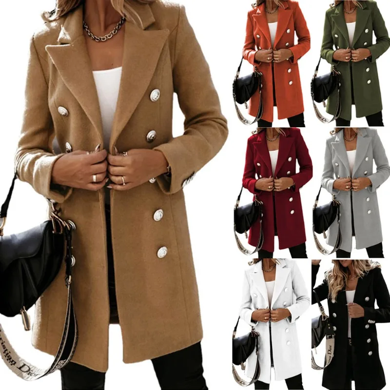 

2022 Autumn Winter New Long Sleeve Double Breasted Woolen Coat Overcoat Women's Solid Color Long Coat Casual and Comfortable