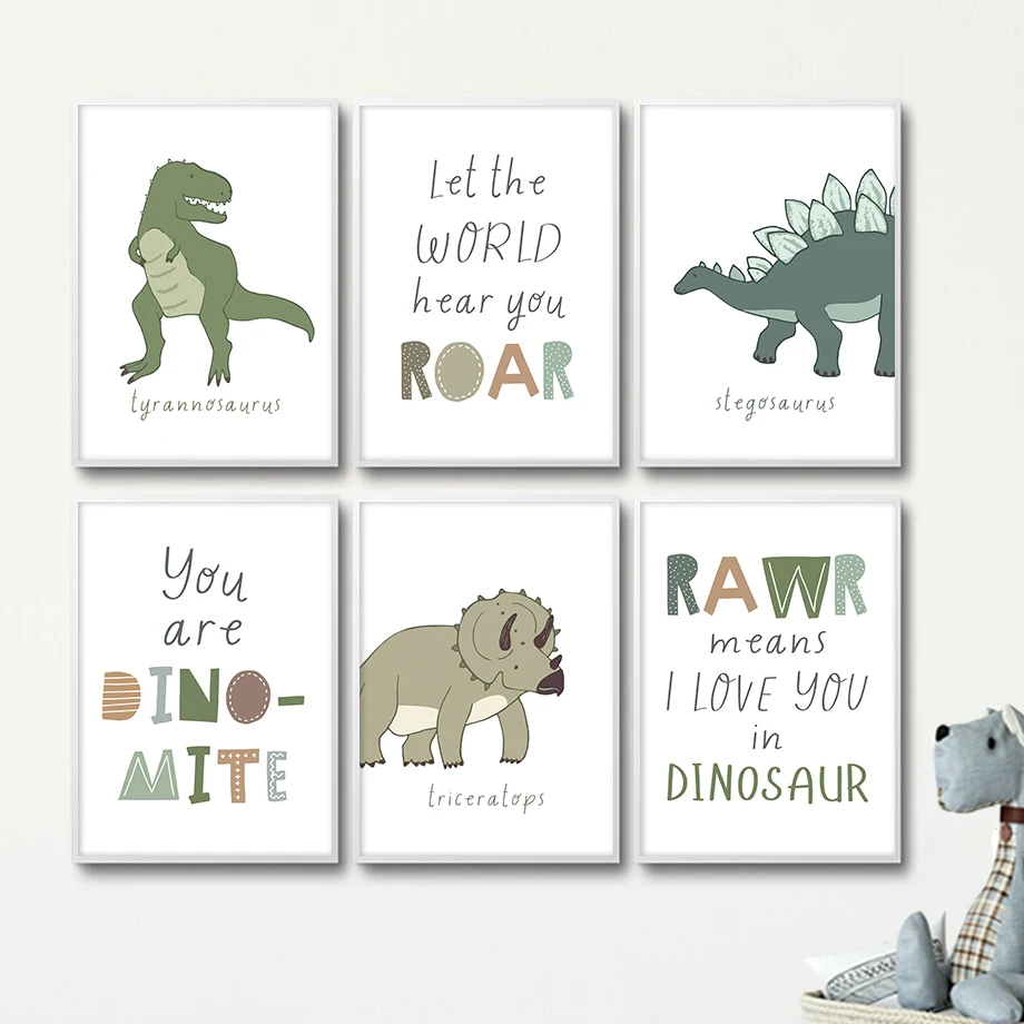 Cartoon Dinosaur Prints Stegosaurus Tyrannosaurus Rex Brachiosaurus Nursery Wall Art Canvas Poster Kids Boy Room Home Decor