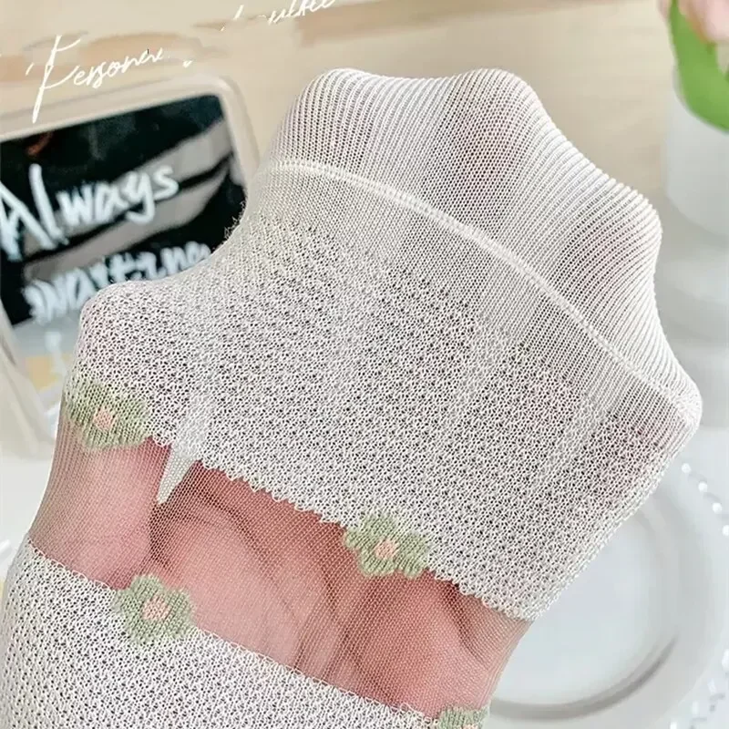 5 Pairs Sheer Socks for Women, Glass Silk Lovely Lolita Cotton Socks, Cool and Breathable Floral Jacquard Vintage Palace Style