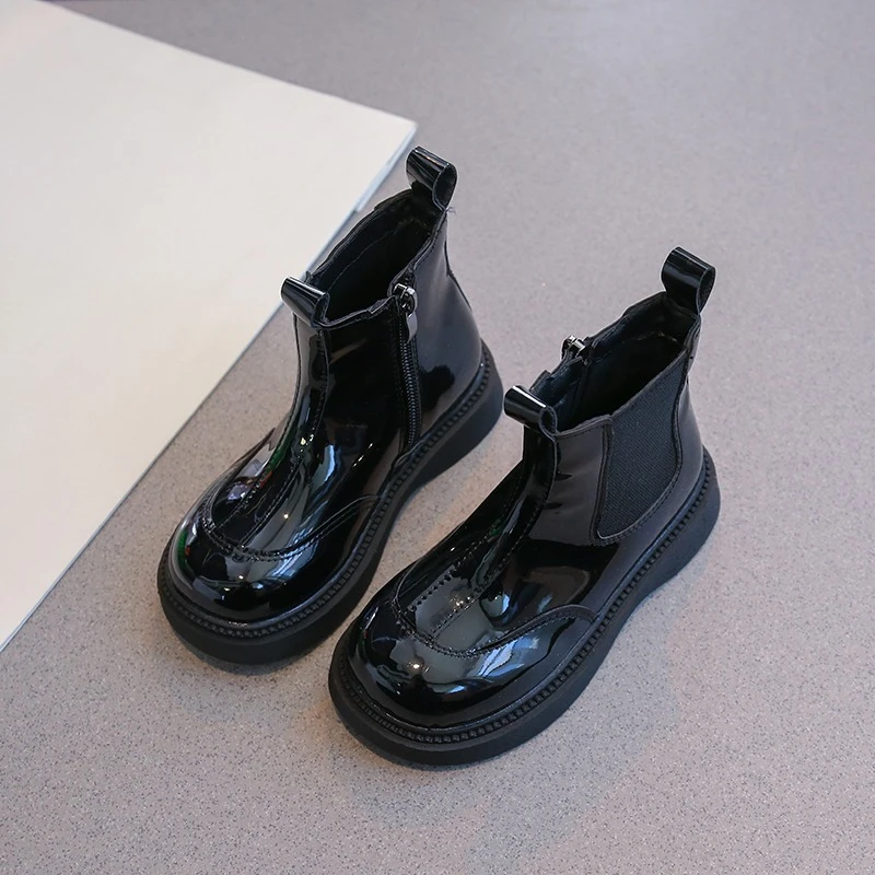 Winter New Kids Ankle Boots for Boys Girls Unisex Rubber Boots Glossy PU Leather Shoes Side Zipper Fashion Classic Chelsea Boots