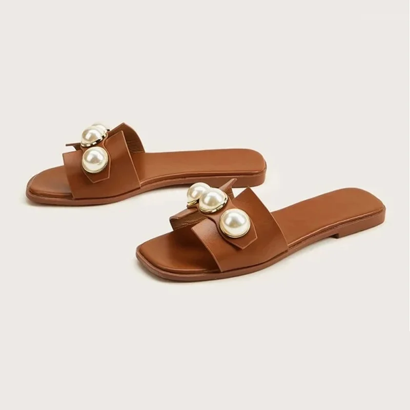 Slippers Women 2025 New Flat Slippers Party Shoes Fashion Pearl Sandals Slippers Roman Women Flip-Flops Casual Beach Shoes Trend — view 3