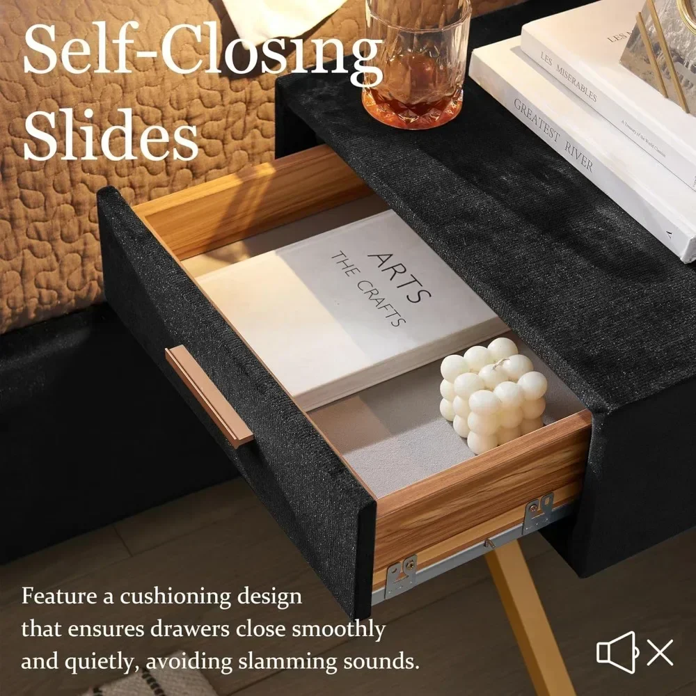 Luxury Bed Frame with Built-in Gold LED Lights and Nightstands,Platform Bed with Oversize Upholstered Headboard,No BoxSpringNeed 4