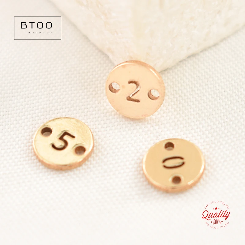 14K Gold Filled 6MM Double Hole Round 0-9 Number Charm for Jewelry Making DIY Accessories Necklace Charm Hypoallergenic Jewelry
