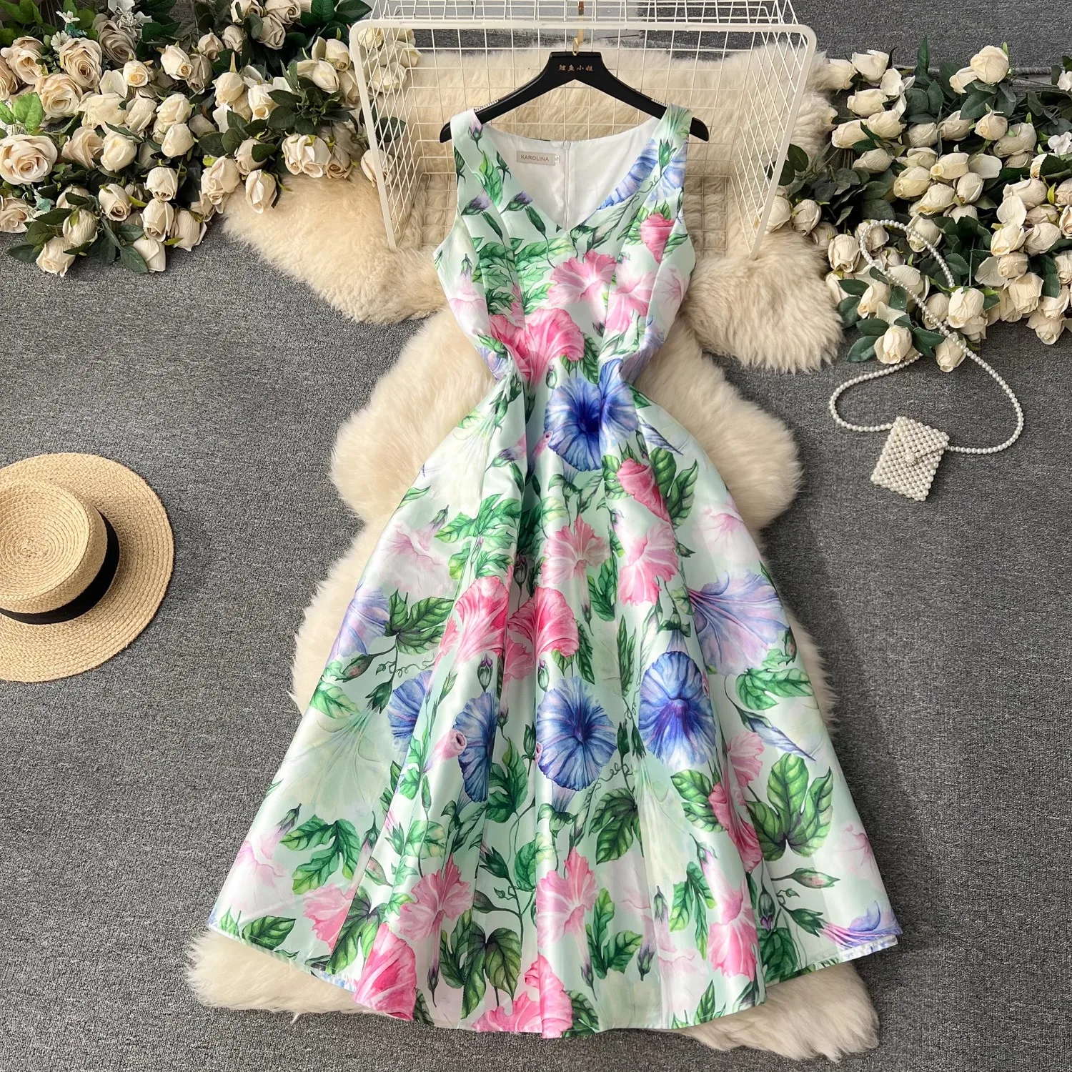 

Runway Designer Jacquard Summer Dress Women's Sleeveless Tank O Neck Vacation Floral Print Belt Ball Gown Robe Vestidos 6252
