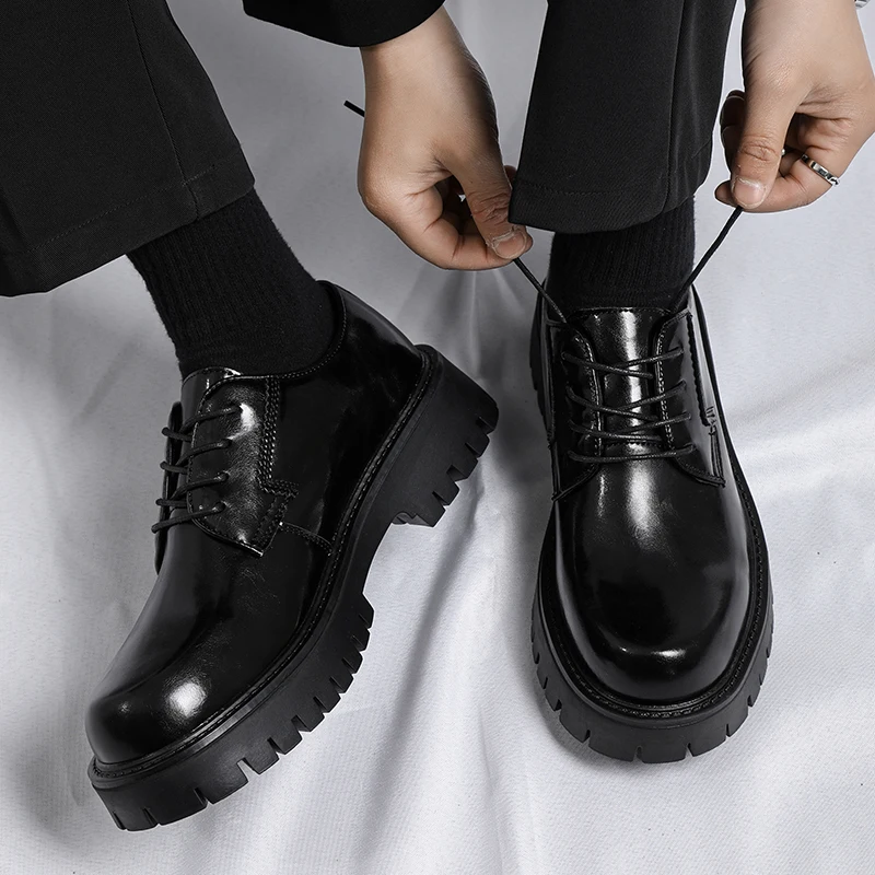 Men Dress Shoes Thick Soled Leather Shoes Lace Up Business Men Platform Oxford Moccasin Casual Big Size 38-48
