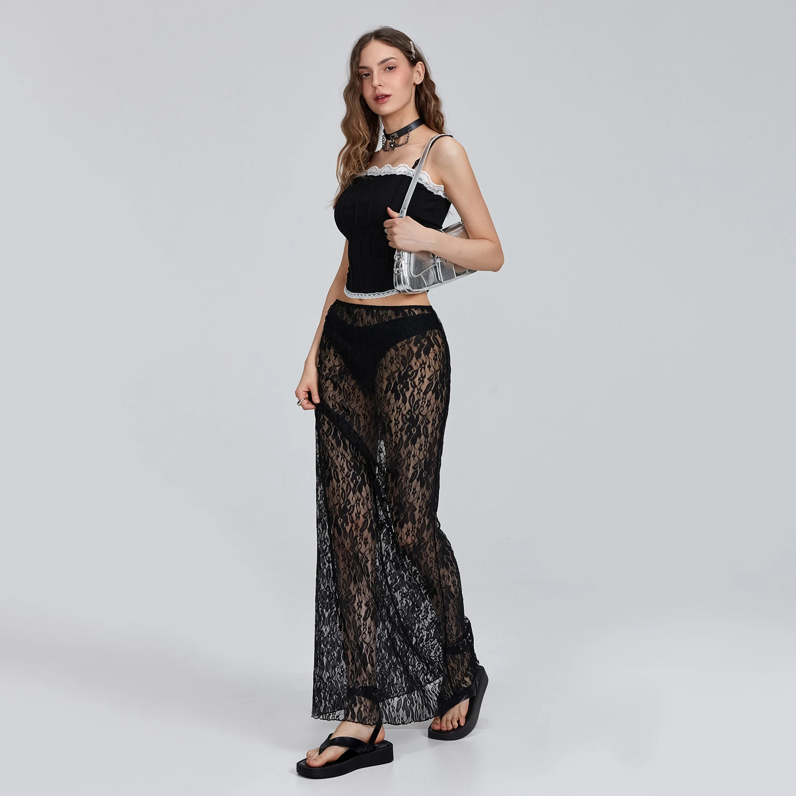 Women Sexy Sheer Lace Maxi Skirts Female Summer Boho See Through Bodycon Long Skirts for Party Club Streetwear Y2K Fairy Clothes 1