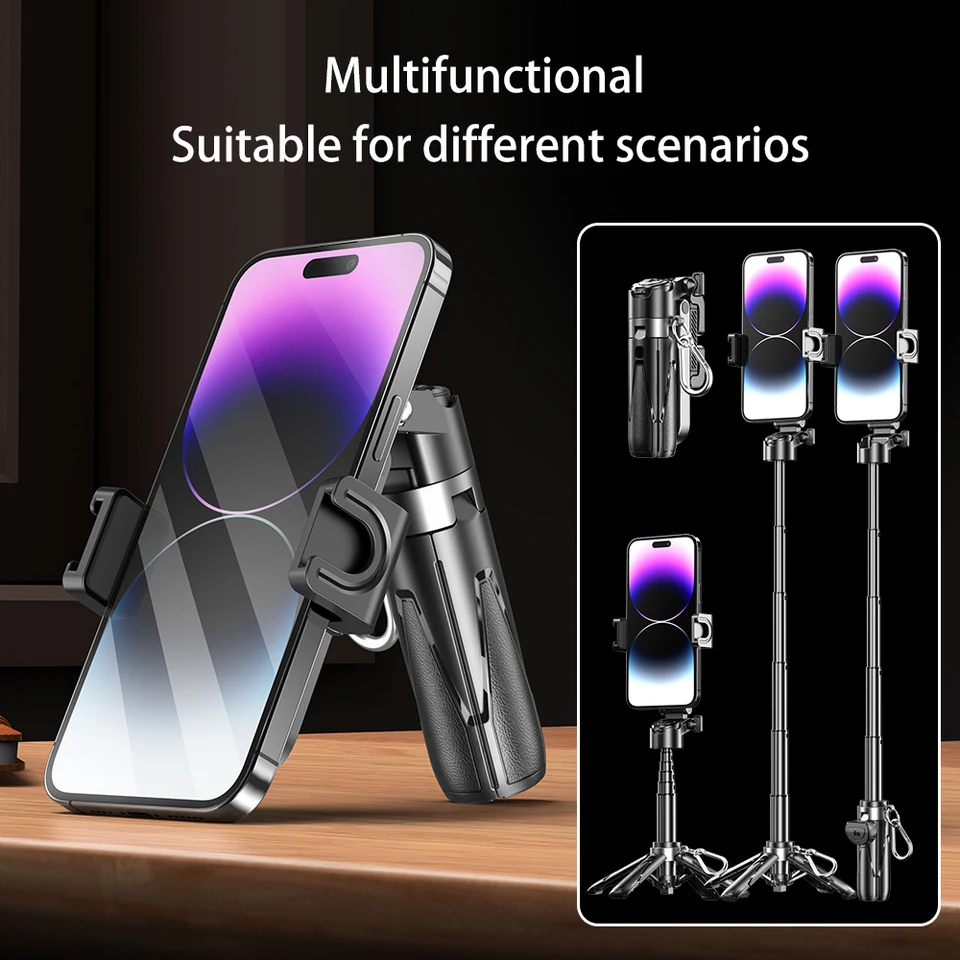 Portable Bluetooth Selfie Stick Tripod With Remote, Foldable Phone Holder Stand For IPhone & Smartphones, Mini Keychain_voghion.com