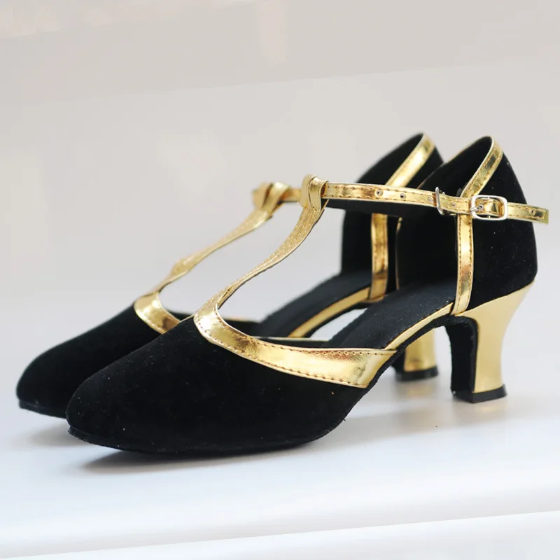 Women Latin Dance Shoes Female Salsa Sandals Soft Sole Ladies Suede Upper T Strap Ballroom Tango Samba Party Dance Shoes 4