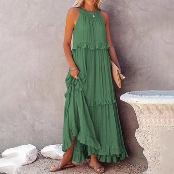 Women Casual Ruffles Long Dress 2026 Summer Elegant Sleeveless Sundress Elegant Harajuku Maxi Dress Beach Party Evening Vestido 1