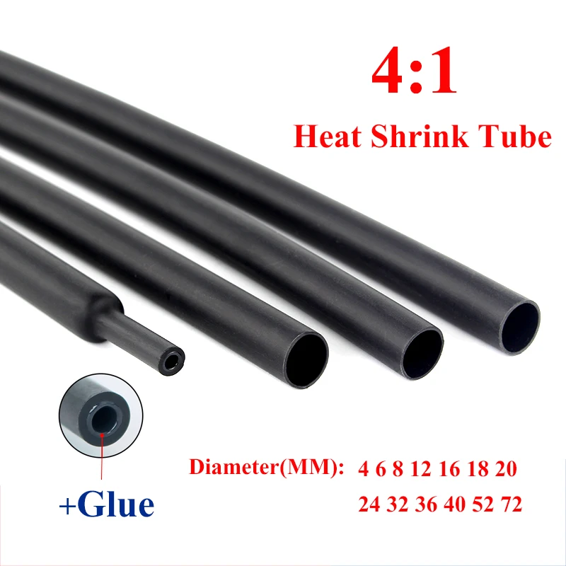 4mm-52mm 4:1 Negro Calor Shrink Tubo Tubo Heatshrink Pegamento Forro Sleeving Alambre 
