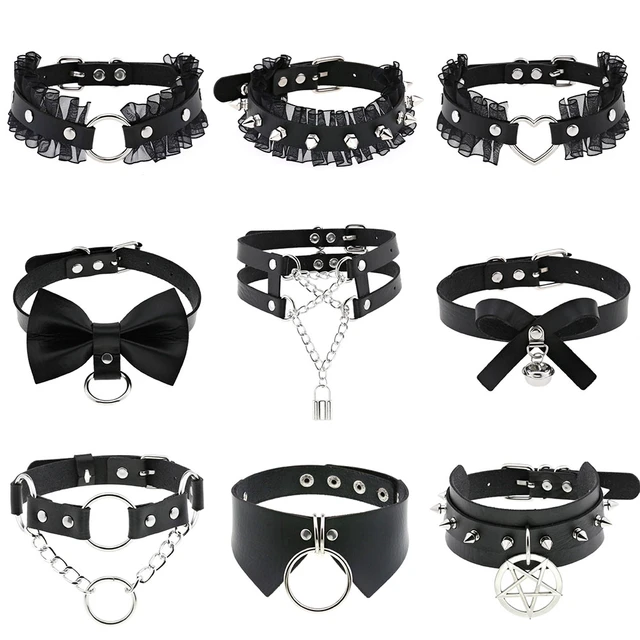 New Harajuku Black Goth Punk Leather Choker Necklaces Women Men Rock Metal  Emo Festival Cosplay Party