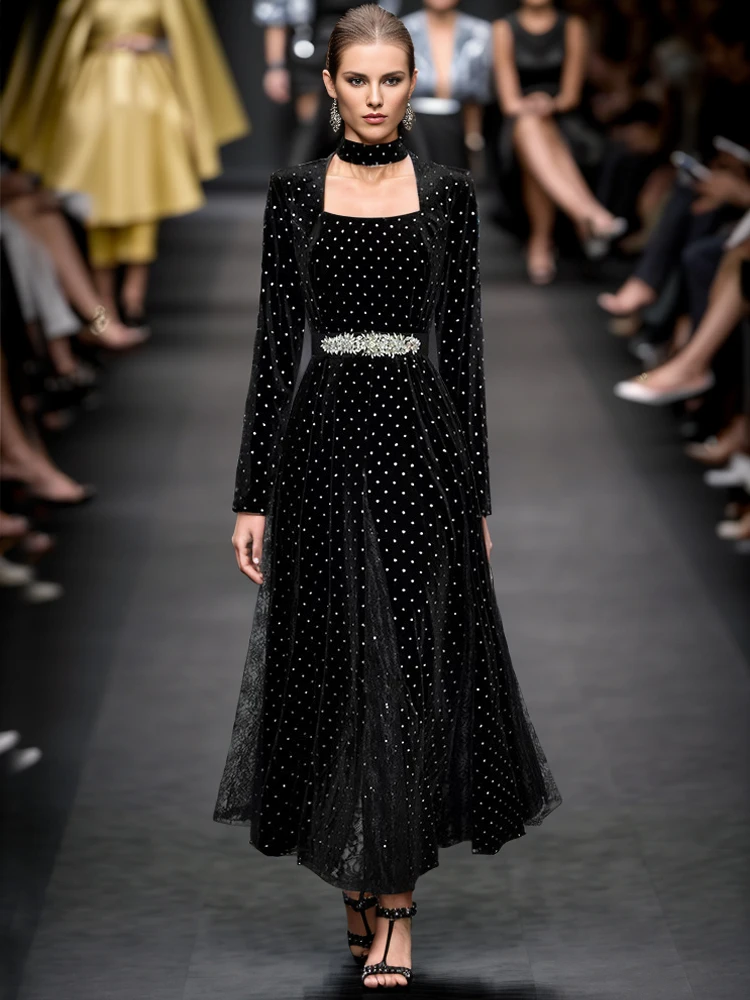 

Женское элегантное платье, Дизайнерское черное бархатное длинное платье, официальное повседневное модное платье во французском стиле