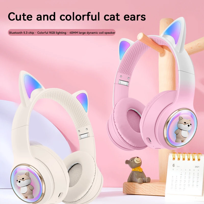 Xiaomi wireless Headphones RGB cute cat ear Bluetooth Earphones with microphone Stereo Music Game Earphone Girls Kids Gifts 2025 2