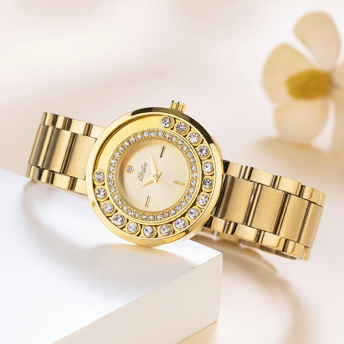 Luxury  Gold Watch Water Diamond Bead Dial Ball Spinning Fashion Women's Watch Elegant Stainless Steel Business Women's Watch
