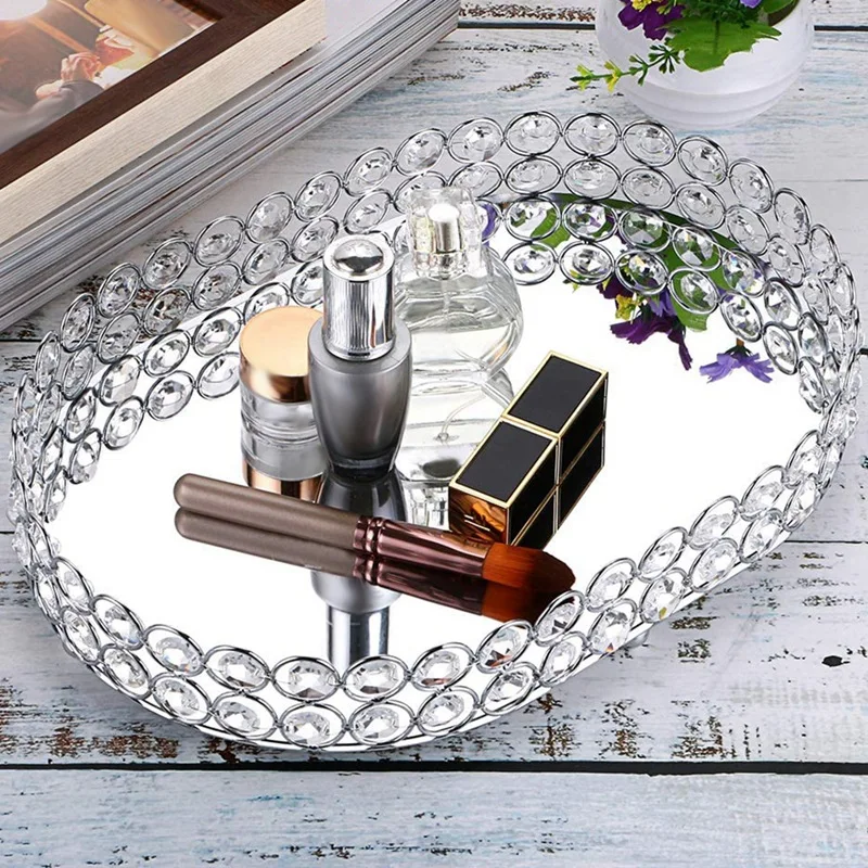 ABWR-Mirrored Crystal Vanity Makeup Tray, Jewelry Trinket Storage Tray Cosmetic Perfume Display Tray (Silver,Ellipse) 5