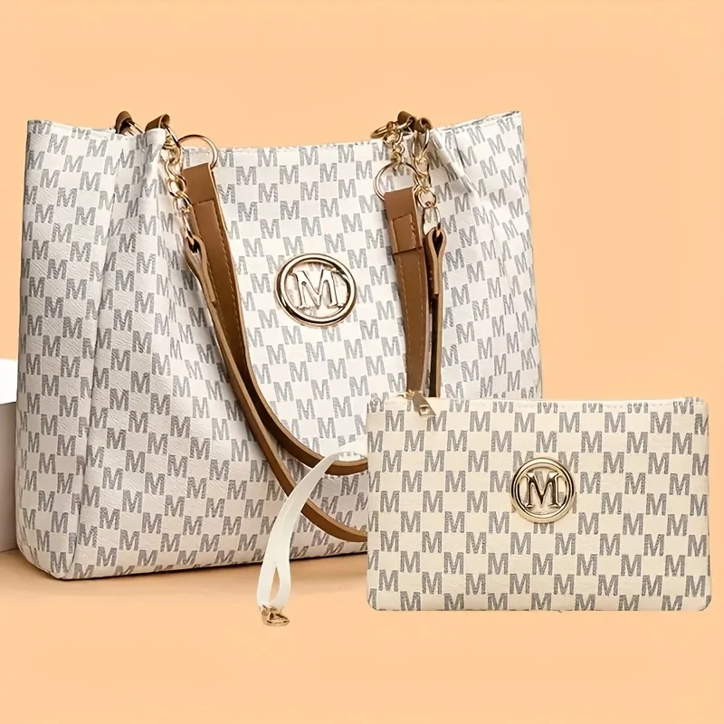 2pcs Women's Vintage Shoulder Bag Set Large Capacity Tote Bag with Fixed Shoulder Strap Leather Handbag Commuting