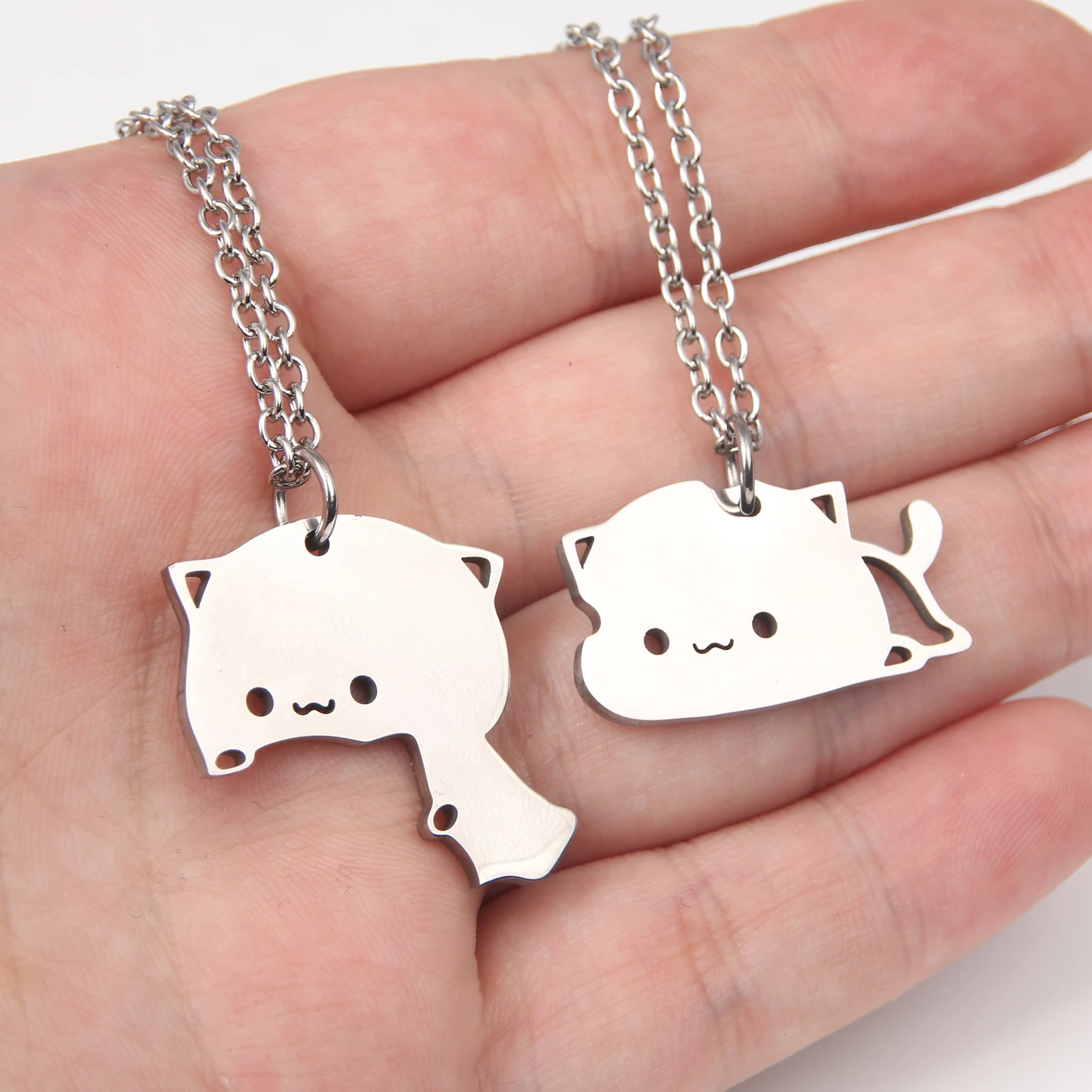 Cute Cats Couple Necklace Cartoon Kittens Stainless Steel Pendant
