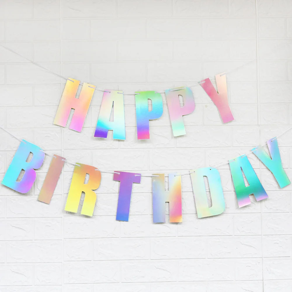 Iridescent Silver Happy Birthday Banner Hanging Garland Kids Birthday Party Decoration Banner Baby Shower 1st Boy Girl