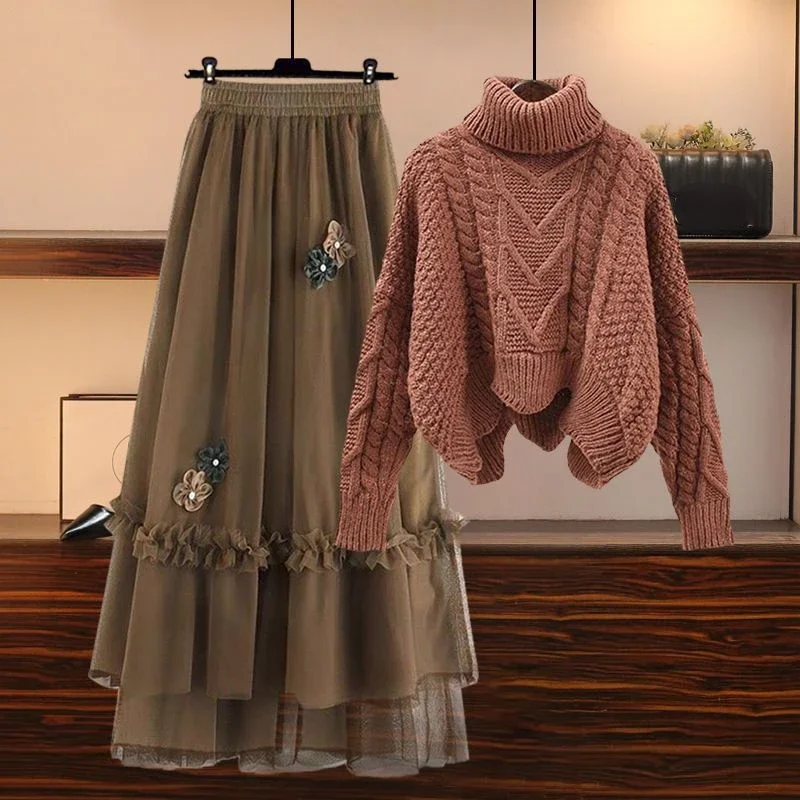 dayifun autumn winter sweater sets 2023 solid o neck jumpers and flower high waist mesh half skirt two piece sets women clothing DAYIFUN Autumn Winter Sweater Sets 2023 Solid O Neck Jumpers and Flower High Waist Mesh Half Skirt Two Piece Sets Women Clothing