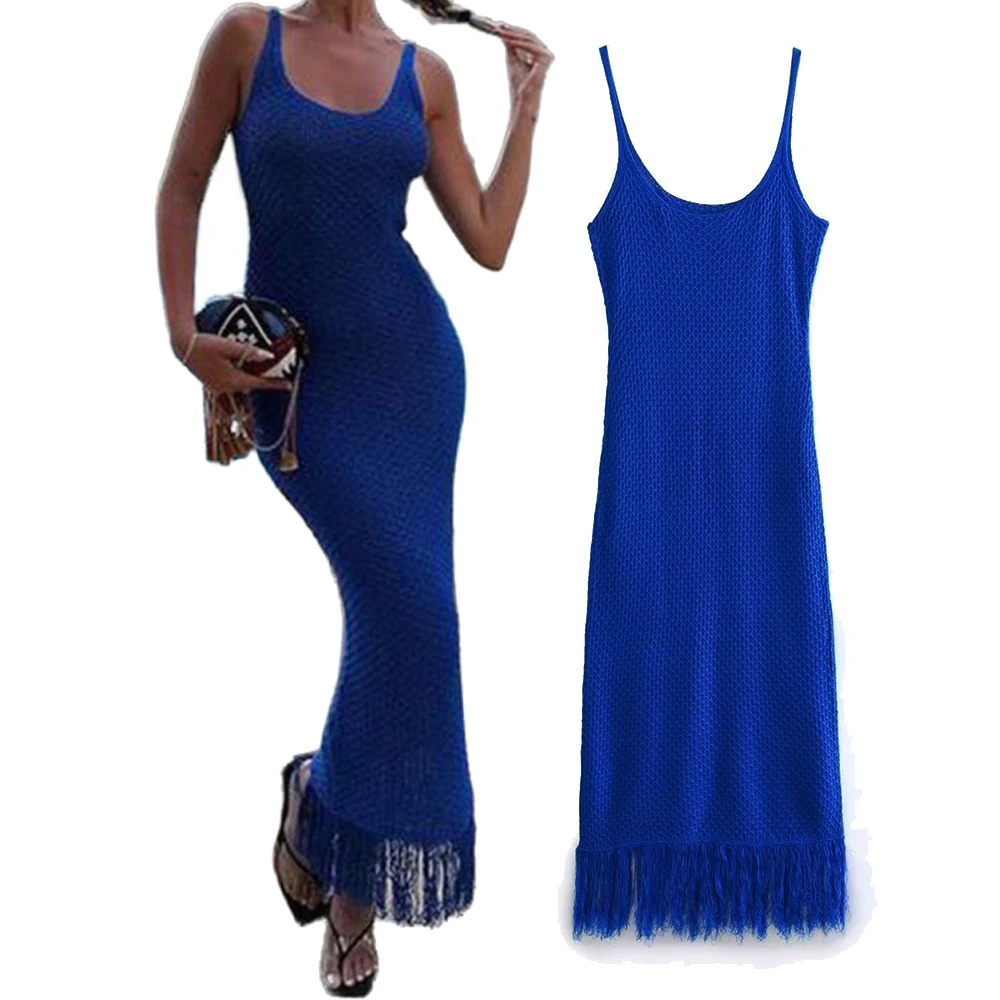 

Платье женское трикотажное с кисточками, облегающее длинное пикантное облегающее платье средней длины без рукавов, с U-образным вырезом и открытой спиной, голубое