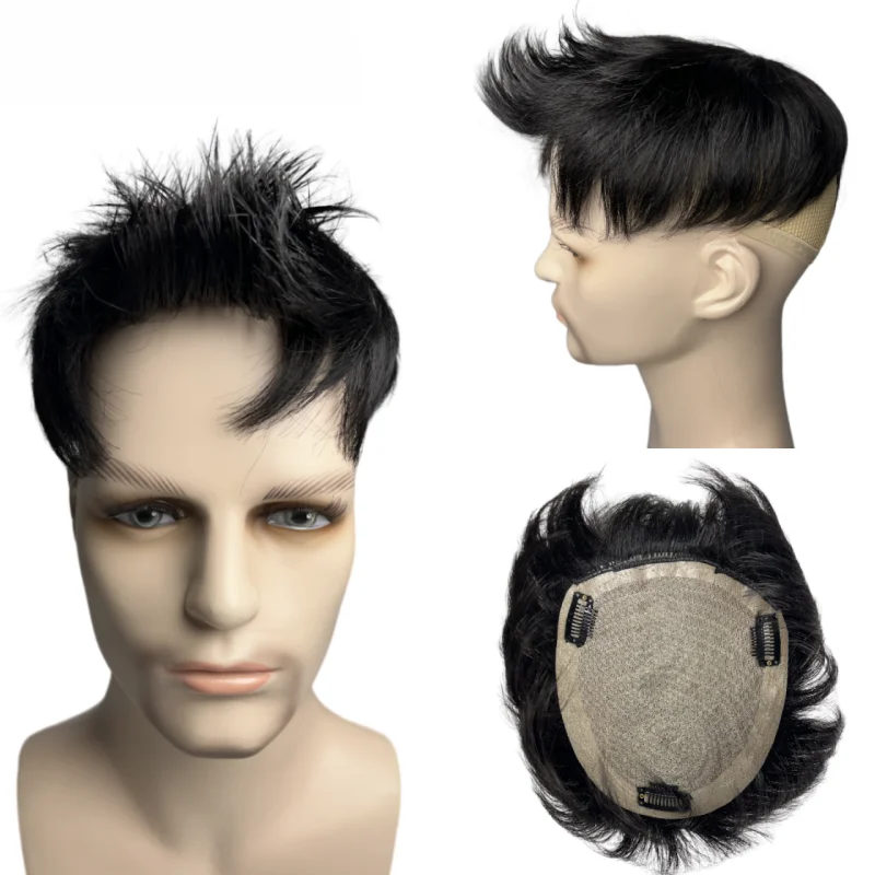 남성용 실제 인모 토퍼, 3 클립, 18x16cm 남성용 가발, 교체 시스템, 가발 조각 커버, 회색 머리 기계 제작 