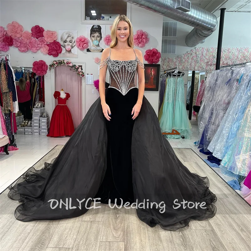 

2024 Black Mermaid Evening Dresses Velvet Straps Beading Crystals Elegant Prom Gowns فساتين السهرةDubai Wedding Party Gown