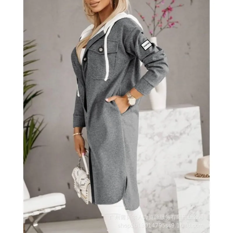 Wepbel Y2K Hooded Mid-Length Coat Jackets Women Long Sleeve Single Breasted Pockets Trench Outwear Fashion Longline Hooded Coat