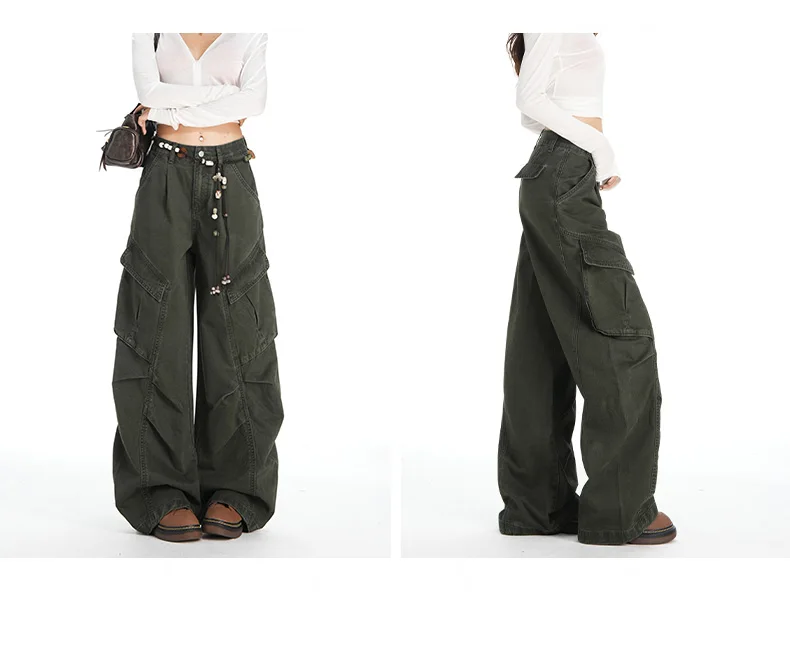 Retro Casual High Waisted Baggy Cargo Jeans Women Washed Distressed Wide Leg Pants Brown Denim Y2K Streetwear Vintage Trousers