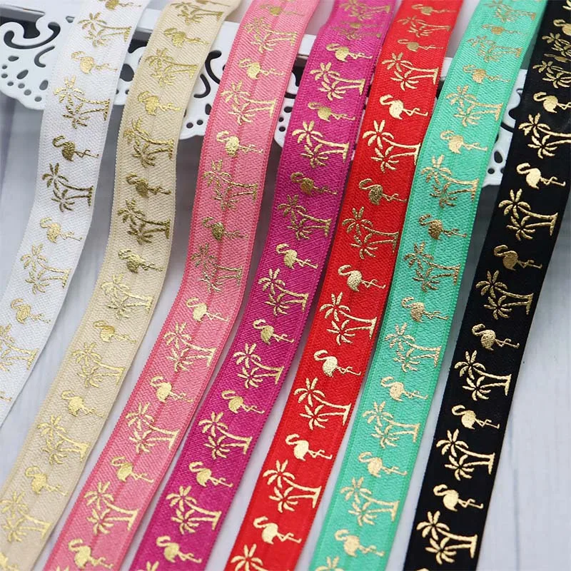 

10Yards 15mm Gold Foil Hawaii Flamingo Tree Printed FOE Fold Over Elastic Ribbon For DIY Accessories Hair Tie Sewing Trim