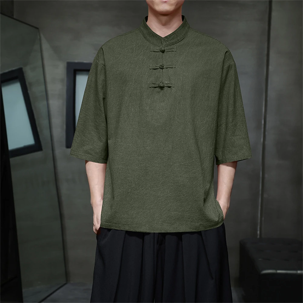 Men New Disc Buckle Cotton Linen Hanfu Tops Chinese Style Plus Size Fashion Casual T-shirt Male Loose Breathable Pullover