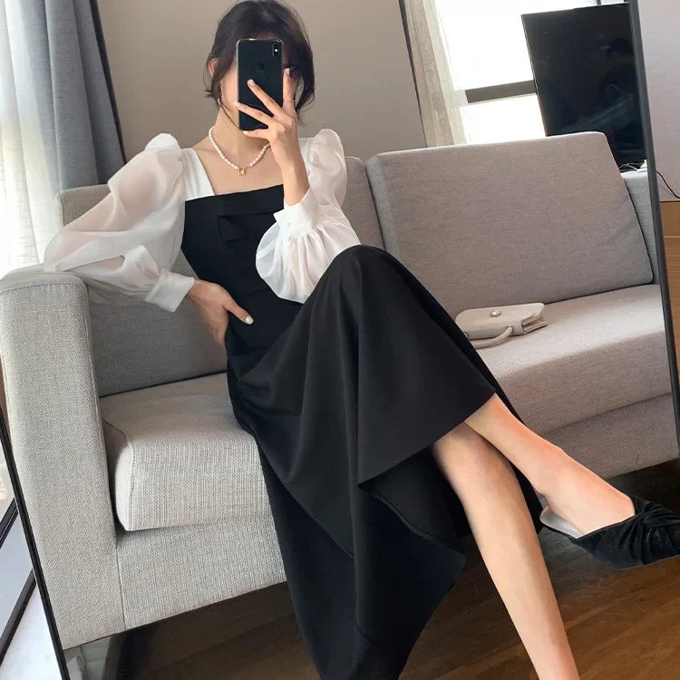 

Maxi Dresses Black Chiffon Skirt Temperament Dress Women's New Spring/Autumn Patchwork Square Collar French Vintage Gauze