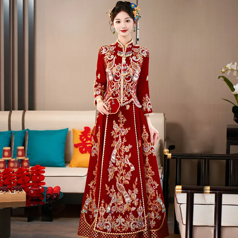 Yourqipao Velvet Xiuhe Sets Bridal Wedding Dress Chinese Embroidery Toast Clothing Beaded Xiuhe Ancient Wedding Dresses