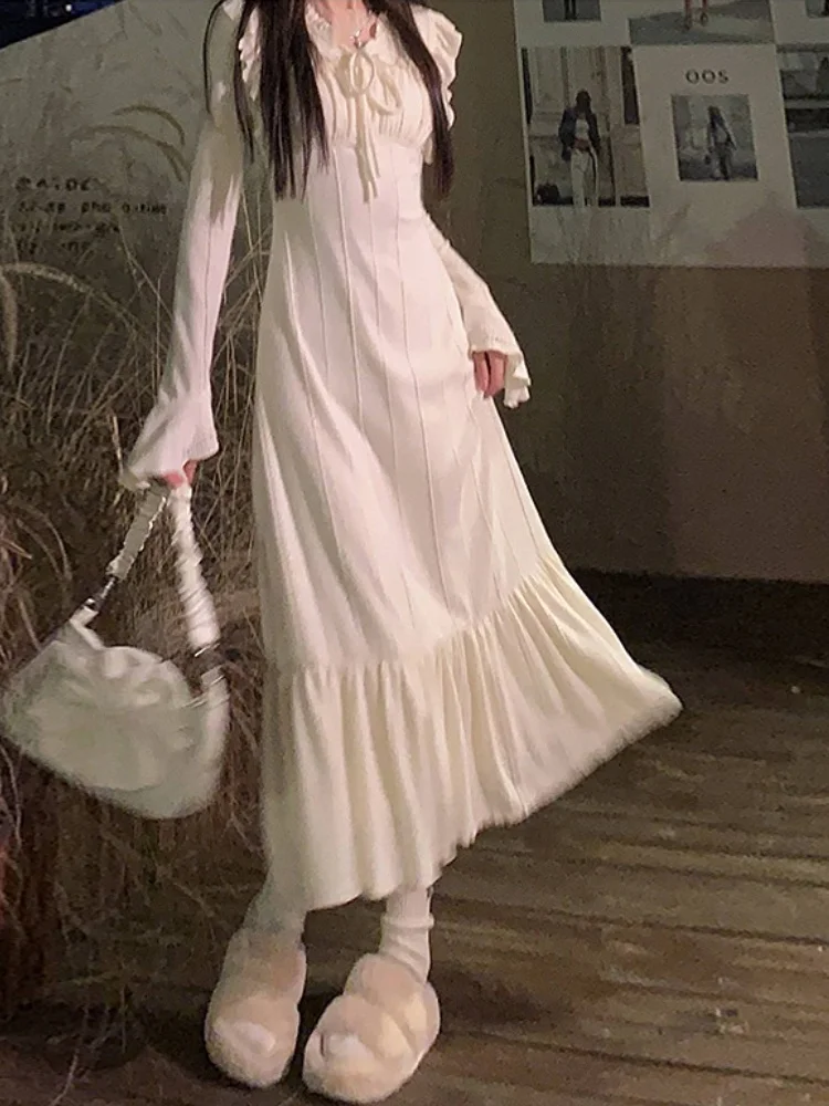 

Элегантное платье миди с длинным рукавом, женское повседневное цельное платье феи, однотонное Короткое женское платье в Корейском стиле, зима 2022