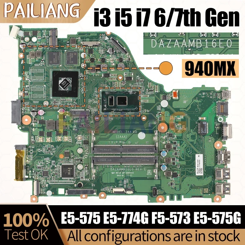 For Acer E5-575 E5-774G F5-573 E5-575G Notebook Mainboard DAZAAMB16E0 i3 i5 i7 7/8th 940MX Laptop Motherboard DDR4 Full Tested