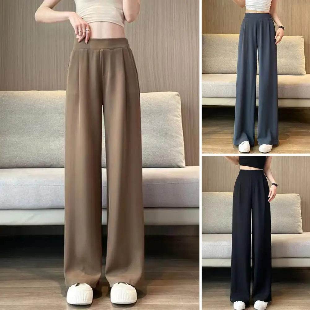 Women Wide Leg Pants With Pockets Solid Color Relaxed Fit Casual Breathable Pants High Waist Straight Leg Trousers Office Wear