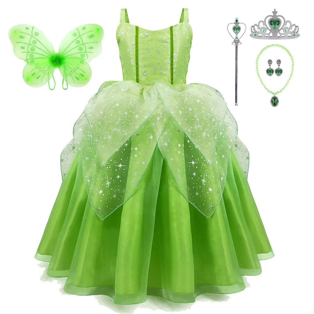 

Princess and the Frog Girls Tiana Dress Fancy Fairy Wings Halloween Costume Flower Green Leaf Fairy Elves Cosplay Party Dress