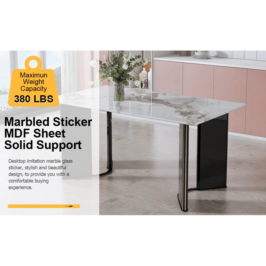 Table and chair set. 1 table and 4 black PU cushioned golden color leg chairs. White imitation marble tabletop MDF table legs w 6