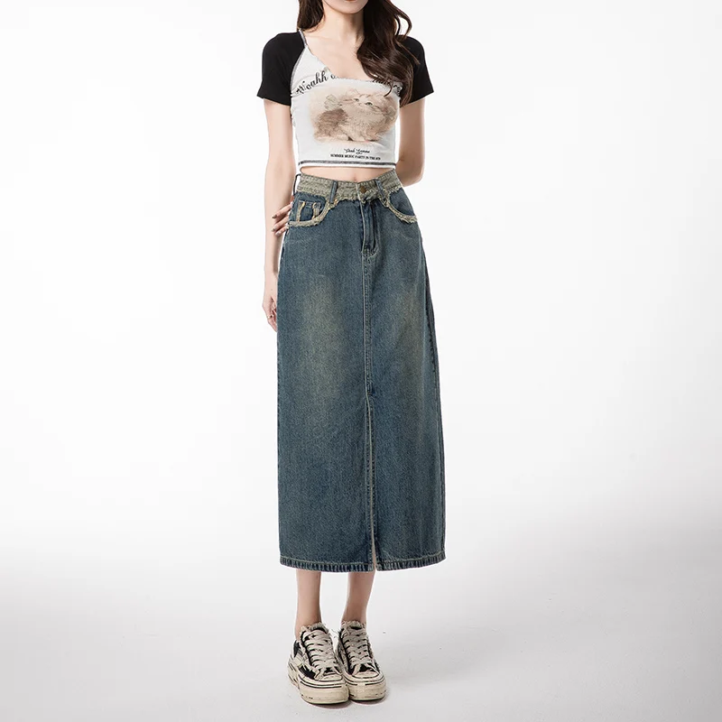 benuynffy button fly women s raw hem flare jeans autumn fashion woman denim pants jean femme high waist full length slim jeans Summer High-Waisted Split Denim Skirt For Women'S New Versatile Fashion Spring And Autumn Mid-Length Crotch And Buttock Skirt