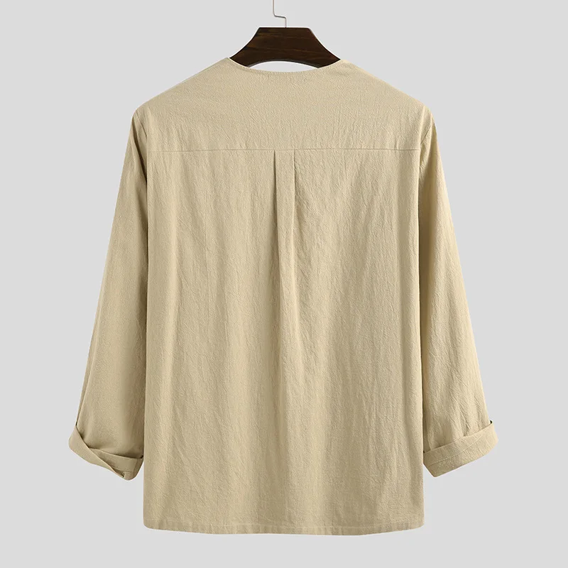 Mens Shirts Spring Autumn New Casual Loose Solid Color Drawstring Long Sleeve Shirt Cotton Linen Stand Up Collar Shirt 5