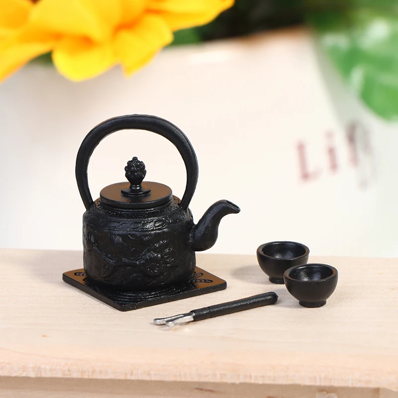 1 Set 1: 12 Dollhouse Furniture Miniature Teapot Cup Plate 1 teapot with lid+ 3Cups