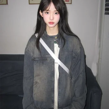 고민 데님 코트 느슨한 집업 재킷 탑