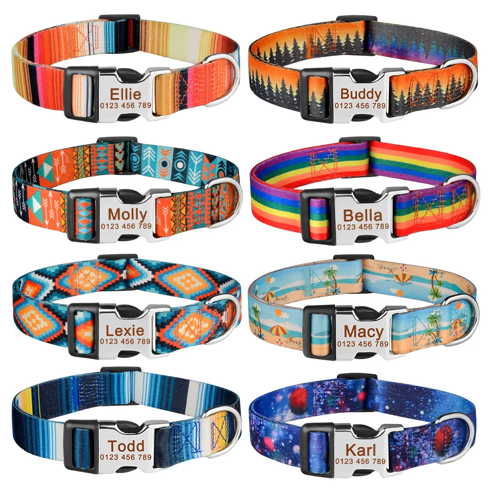 Dog Collar Adjustable Nylon Custom Name Free Nameplate Printed ID Tag Personalized Small Large Medium Pet Engraved
