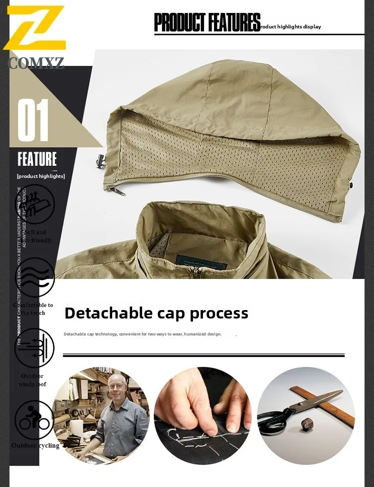 ​Men's Windproof Softshell Jacket Outdoor Sports Waterproof Solid color Hiking Windbreaker Casual Zipper Hooded Tactical​ Coat