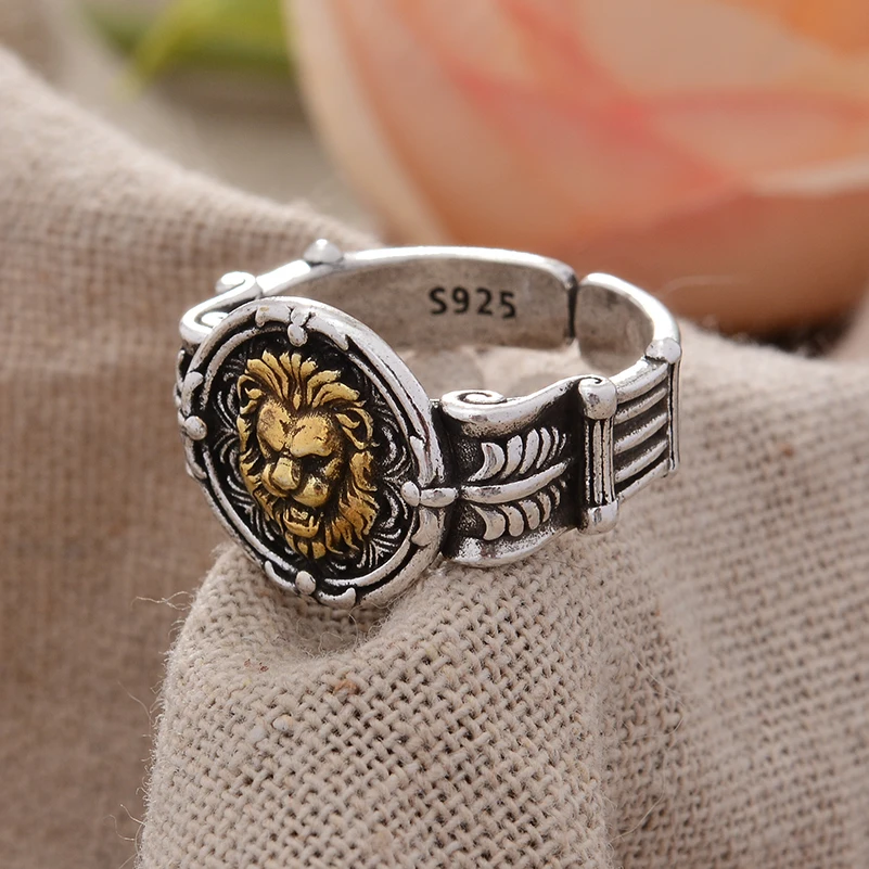High Quality Vintage Lion Head Thai Silver Man Single Ring For