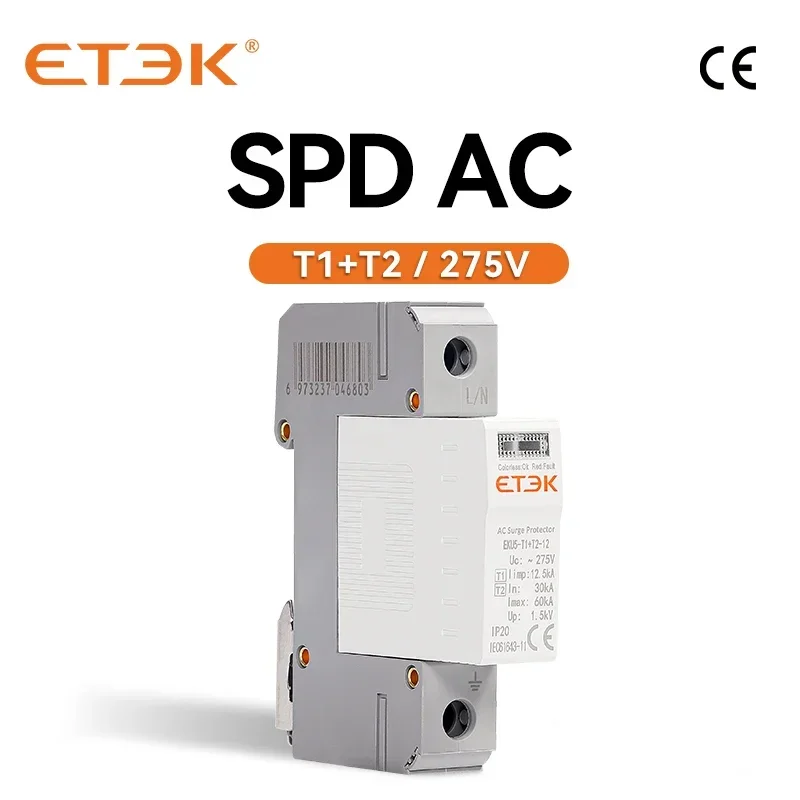 Etek Spd House Surge Protective Device 275V Protector Arrester Tipo Di Protezione T1 + T2 Ac 1P 20Ka ~ 40Ka Eku5