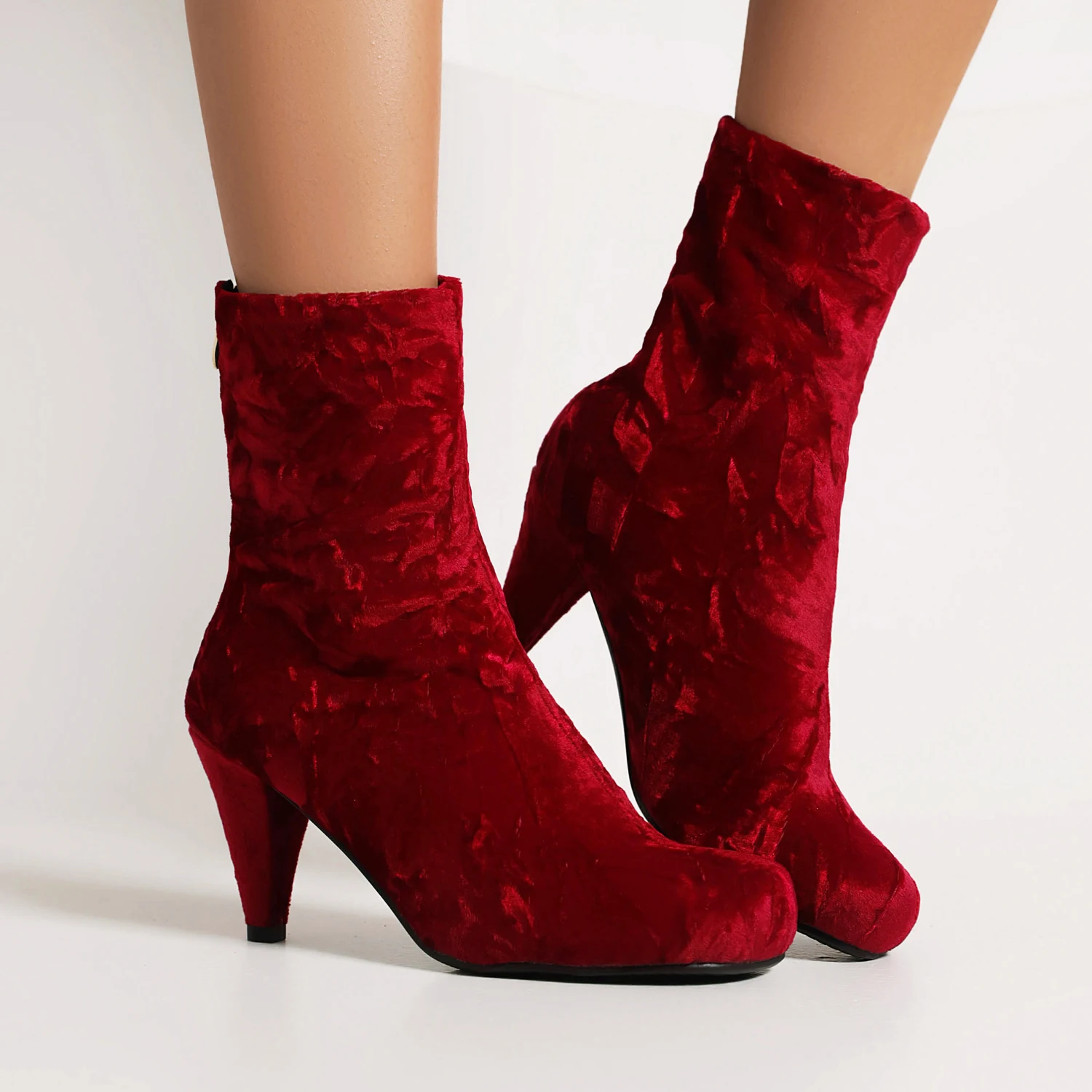 

Women‘s Cute Rounded Toe Ankle Boots Suede Stretch Lady Fashion Mid Heels Shoes Personality Elegant