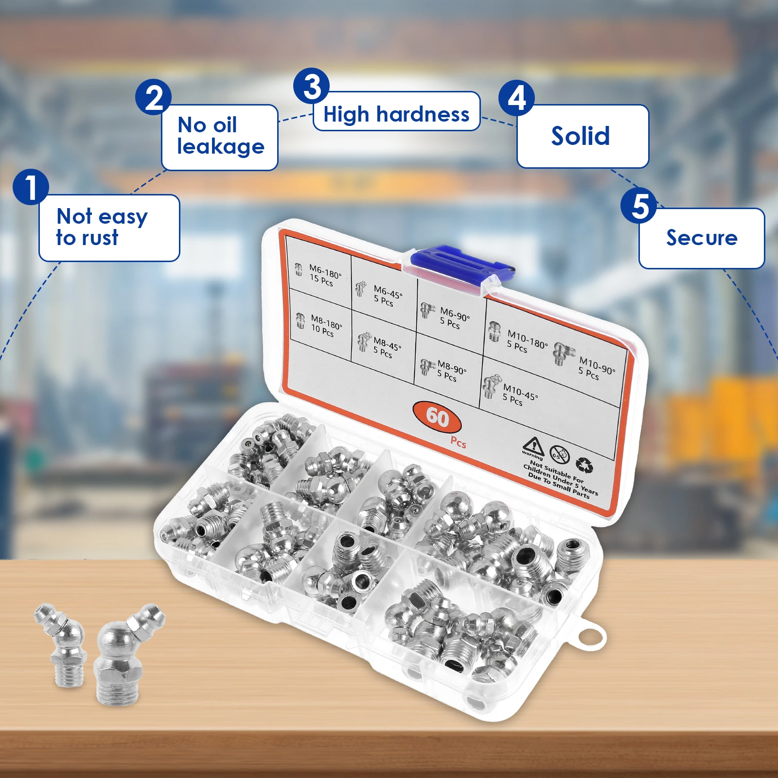 Grease fitting assortment 60/120 pcs metric straight 45&deg;/90&deg; angle galvanized metal nipple storage box