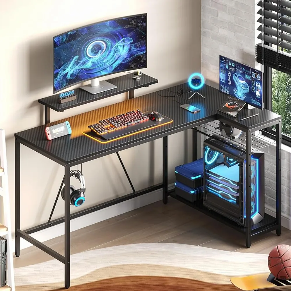 

L Shaped Gaming Desk with LED Lights and Power Outlets Reversible Home Office Corner Desk Larger PC Workstation with Hooks