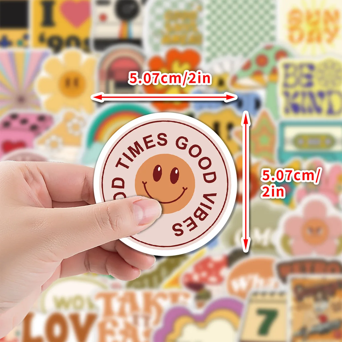50 Pezzi Adesivi Estetici Retrò Carini con Scritte 'Be Kind' e 'Smile' per Telefono, Laptop, Valigia, Quaderno, Girasole, Impermeabili - immagine 3
